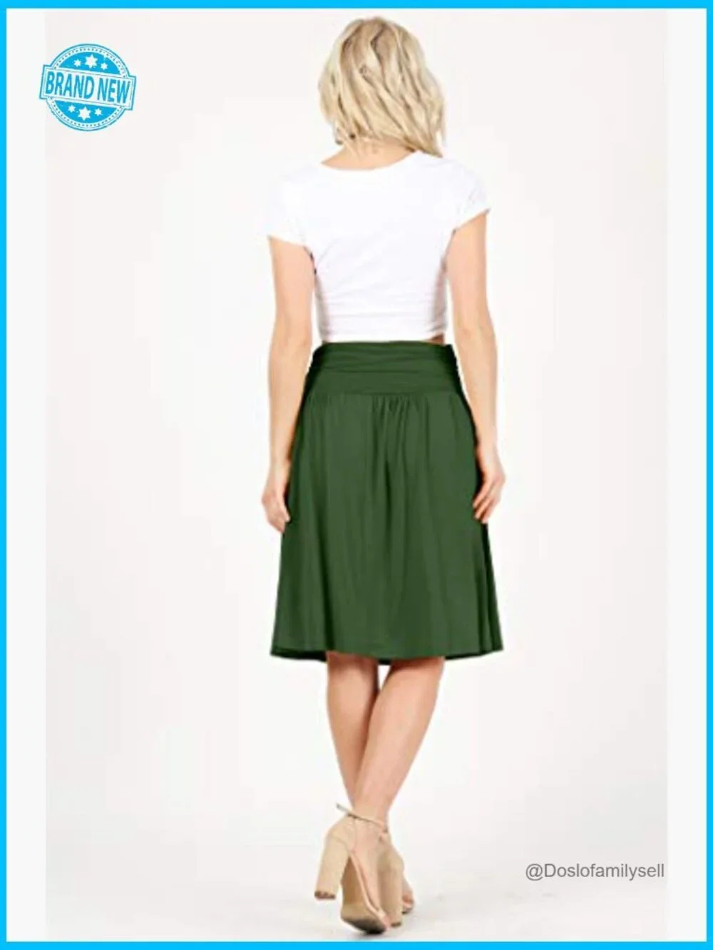 A-Line Midi Skirt with Pockets Stretch Jersey Pull On Ruched Waist
